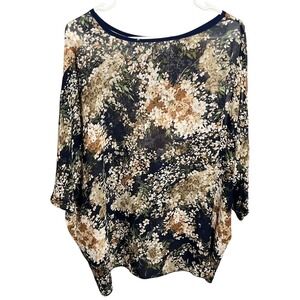Women's Floral Sheer Chiffon Blouse Top Navy White Brown Green Relaxed Fit‎
